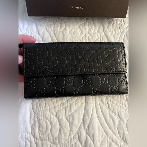 GUCCI Micro Guccissima GG Pattern Long Bifold Wallet Leather Black Gold - Picture 3 of 16